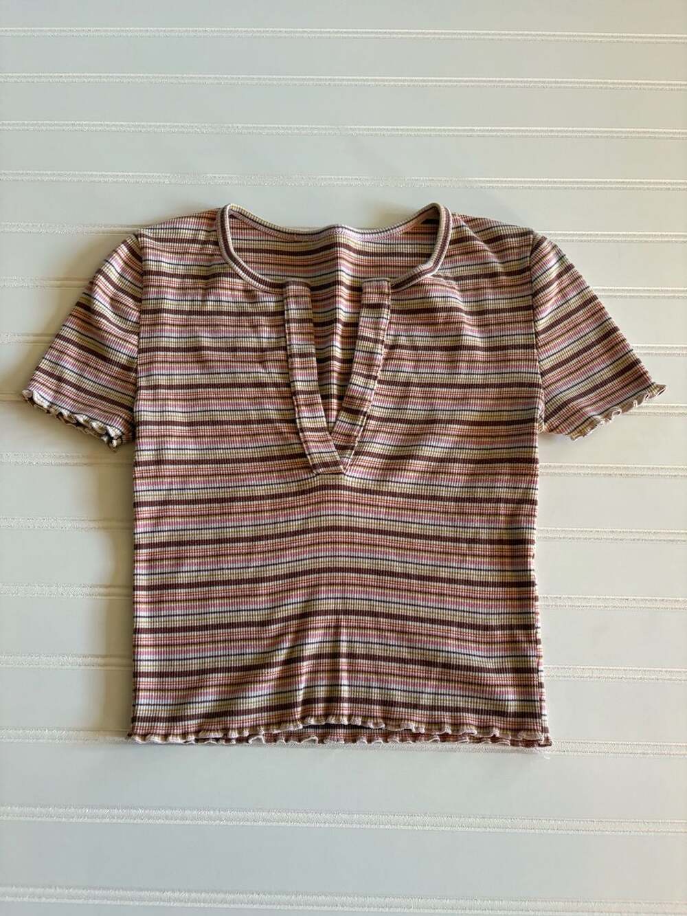Y2k Cropped Striped Lettuce Edge Notch Neck Top